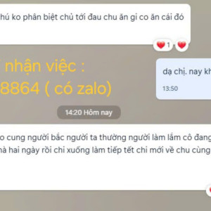 Công việc  bao gồm giúp việc nhà, chăm bé, chăm sóc người lớn tuổi, phụ quán, phụ bếp,.... Lương từ 8-13tr  bao ăn ở