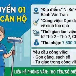 Tìm tạp vụ tòa nhà 4 tầng có thang máy , hiện tại đang kinh doanh dịch vụ cho thuê chung cư mini